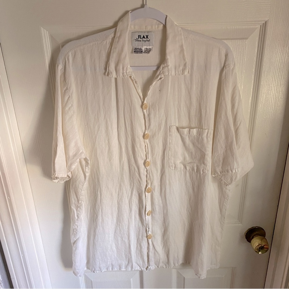 Flax White Linen Short Sleeve Button Down Shirt Medium
